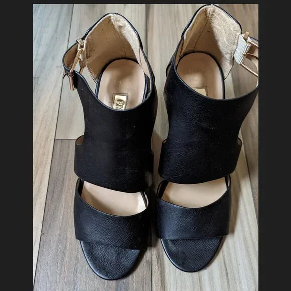 Primark Women's Blocked Heel Sandals Gold Buckle Black Strap 3 1/2” Heel… - Picture 2 of 14